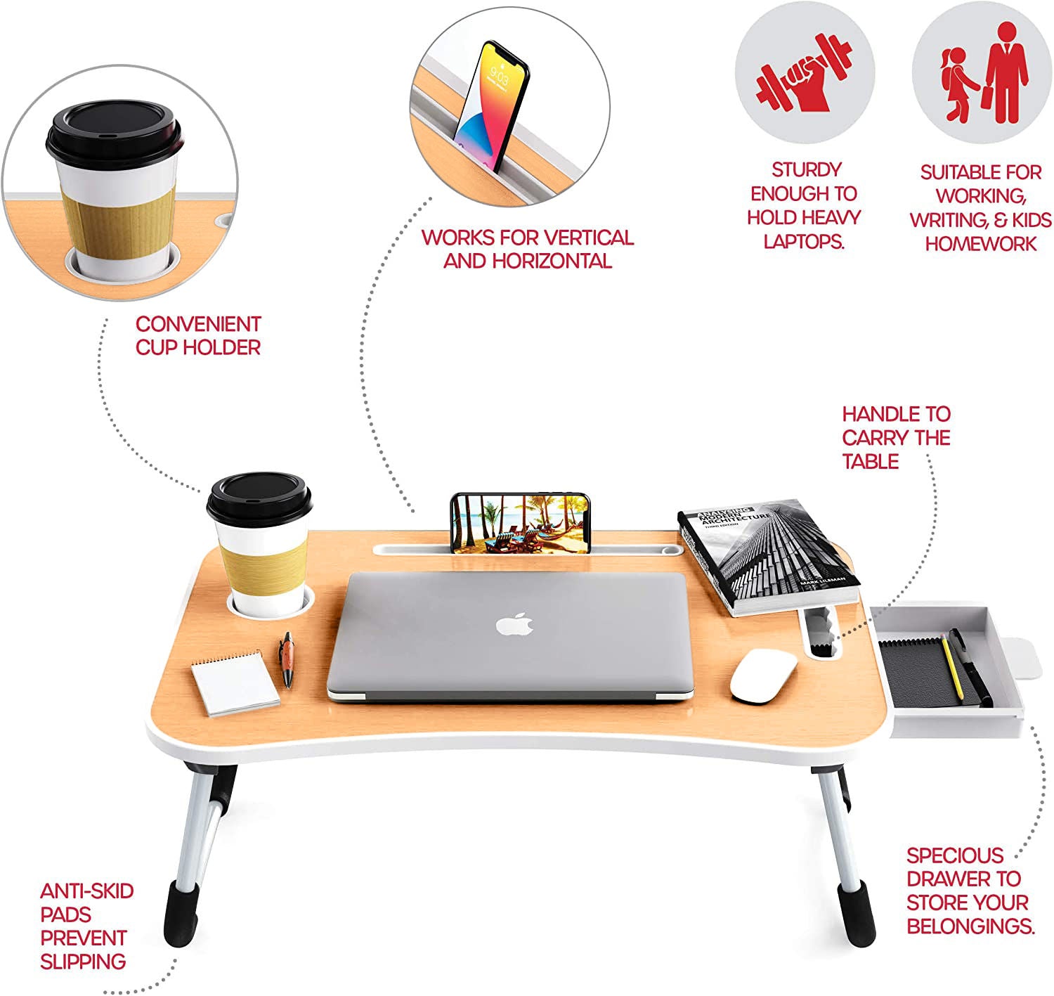 Laptop Bed Desk with Storage and foldable legs  StorageNook