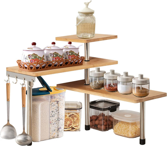 3 Tier Corner Shelf Kitchen Spice Rack Organiser with Hooks for Home Storage & Organisation