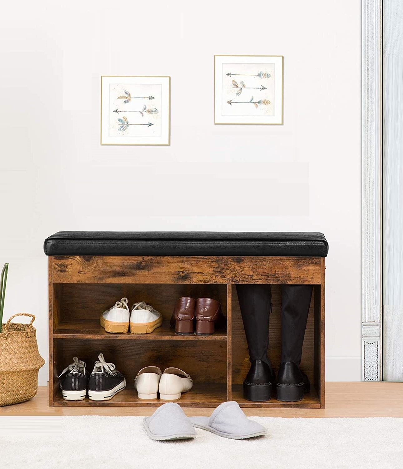 Shoe Storage Bench with Padded Cushion, Flip-Open Storage Box and Adjustable Shelf for Entryway and Living Room