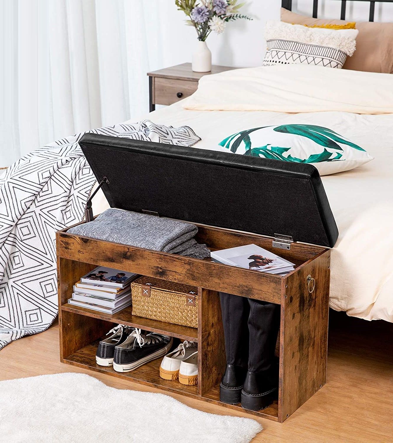 Shoe Storage Bench with Padded Cushion, Flip-Open Storage Box and Adjustable Shelf for Entryway and Living Room