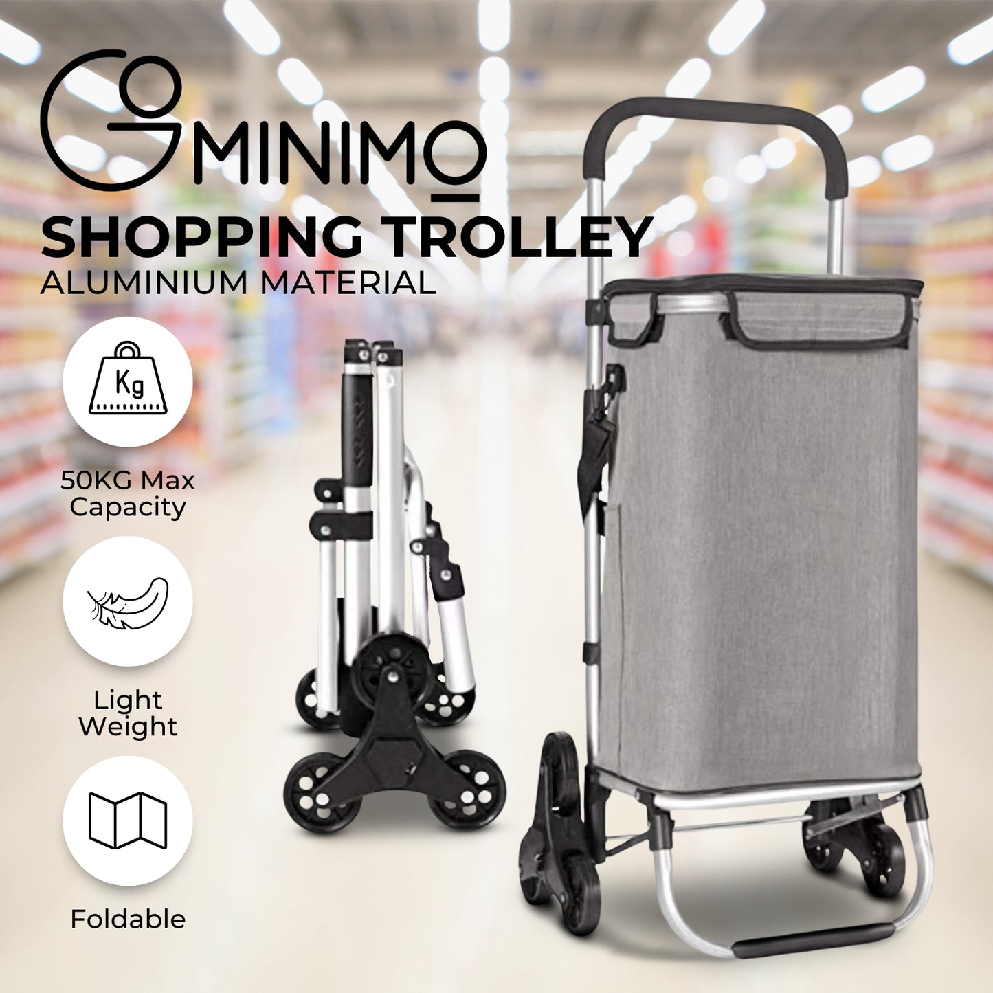 GOMINIMO Foldable Aluminum Shopping Trolley Cart with Tri-Wheel 