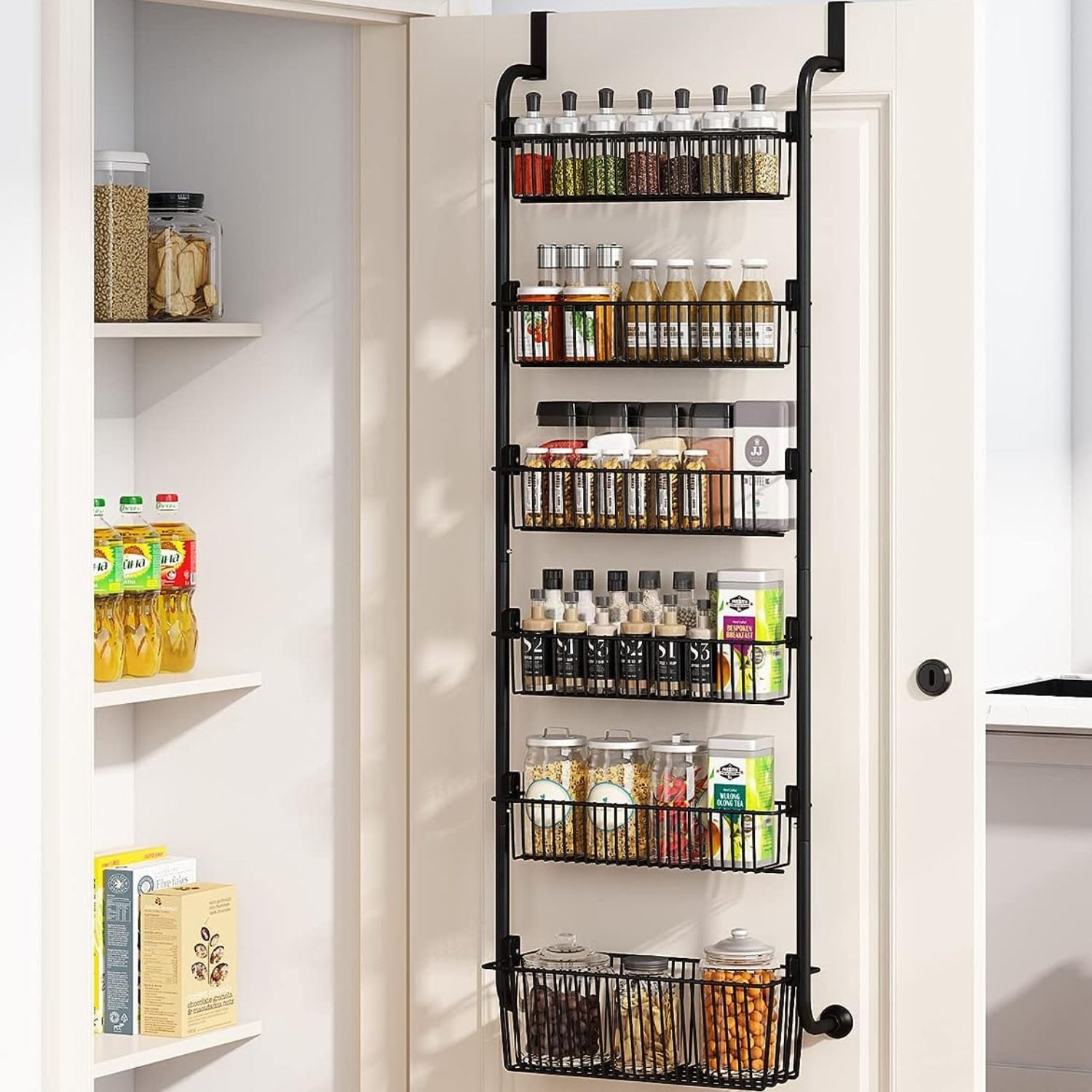 6 Tier Adjustable Baskets Over the Door Pantry Organizer (Black)