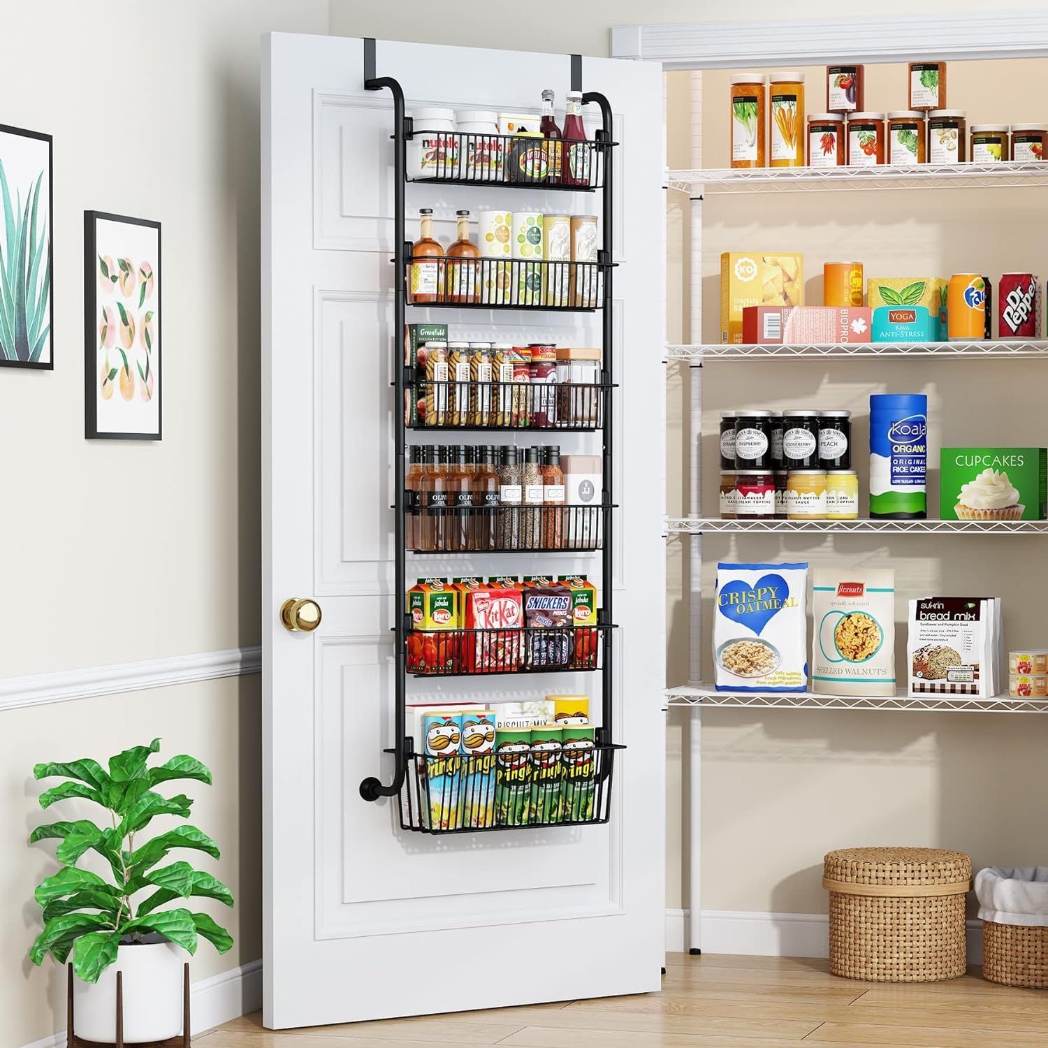 6 Tier Adjustable Baskets Over the Door Pantry Organizer (Black)