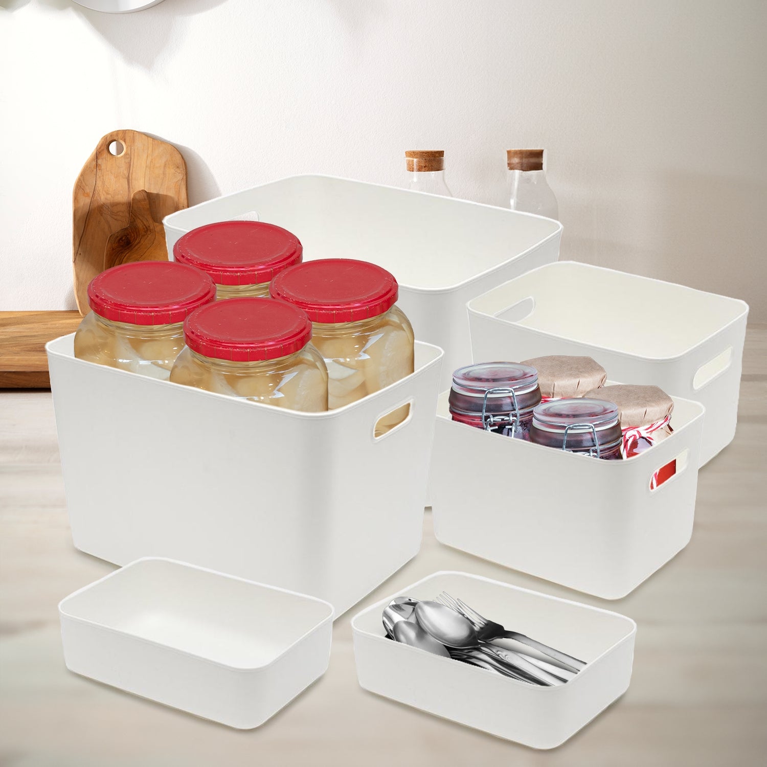 Plastic Kitchen Storage Bins with 4 Lids 6 Pieces - Beige StorageNook