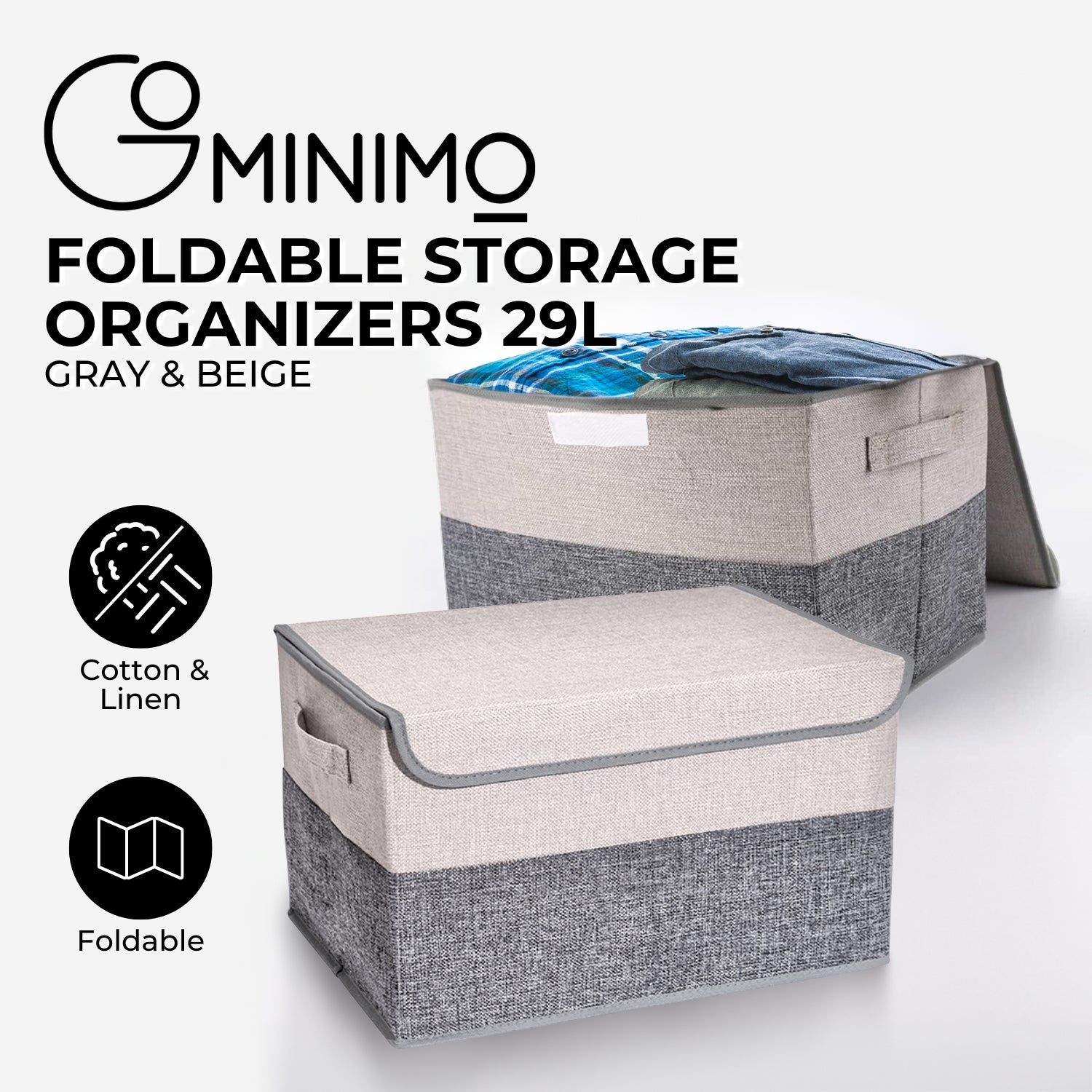 Foldable Storage Organizers 2 Pack 29L - Gray/Beige Storage Nook