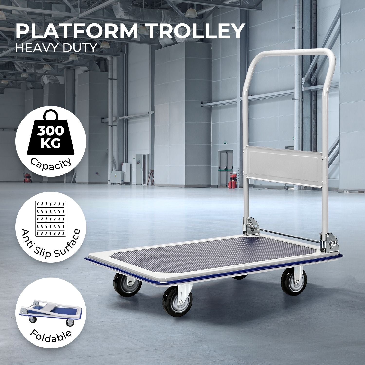 RYNOMATE Foldable Platform Trolley with 4 Wheels (Blue and White) StorageNook 