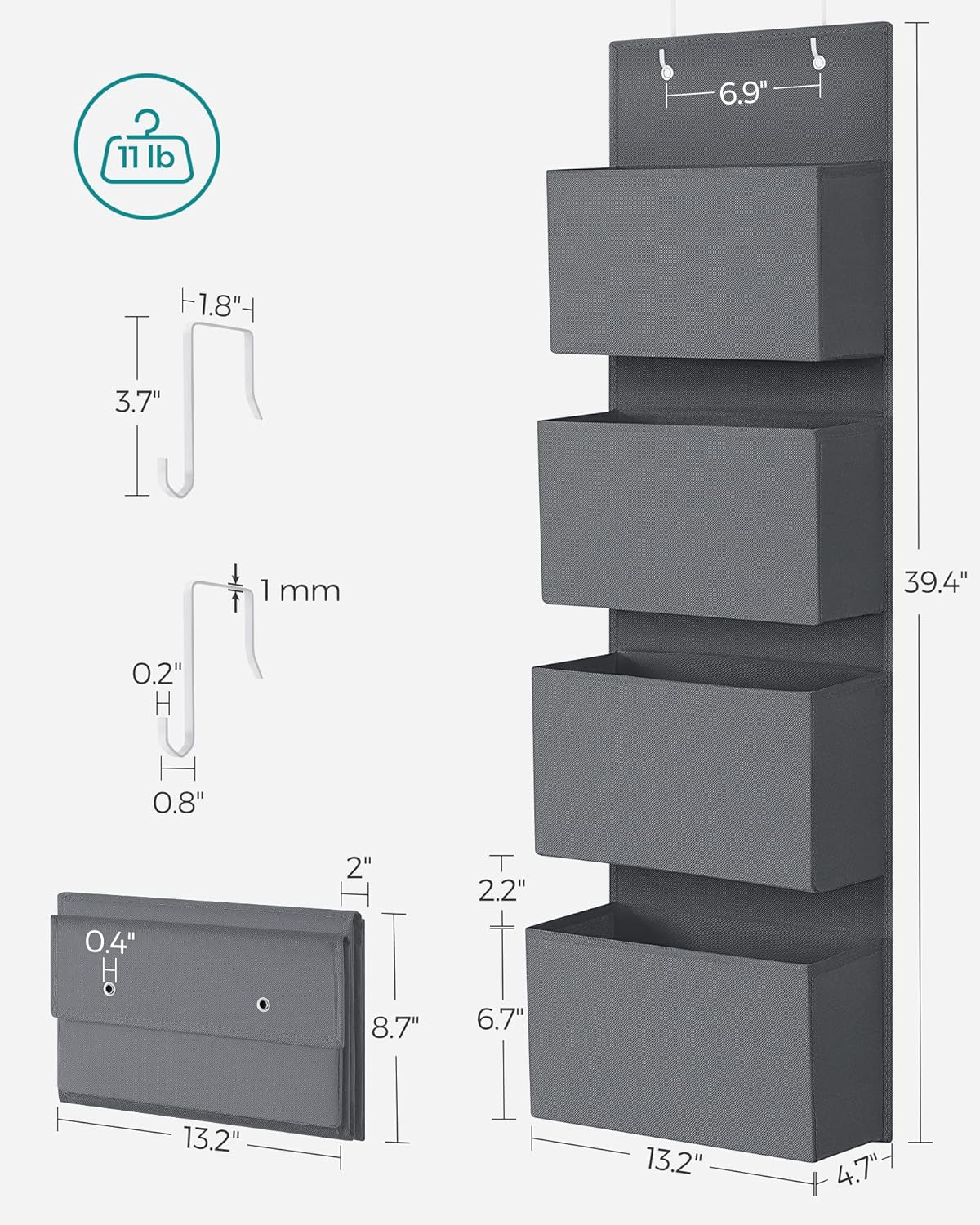 Hanging Closet Organizers and Storage with 4 Compartments Gray