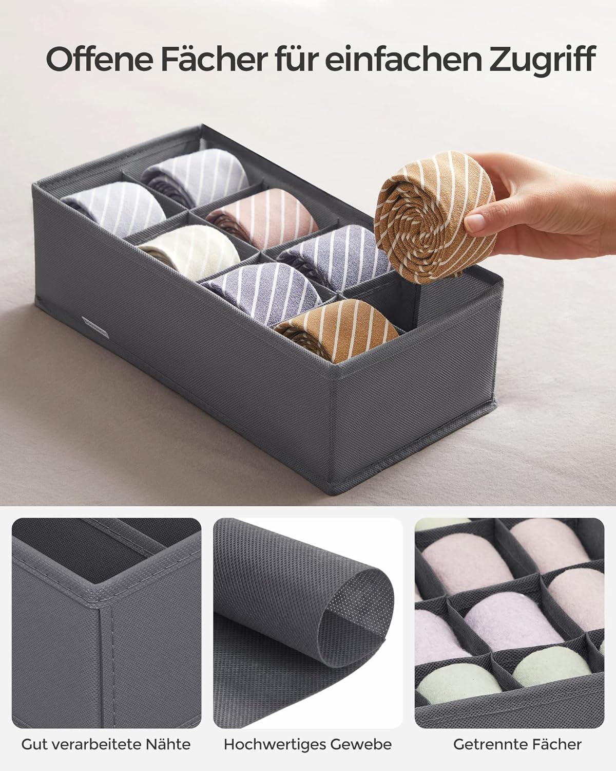 Underwear Storage Folding Fabric Boxes Set of 8 Grey RUS08GY