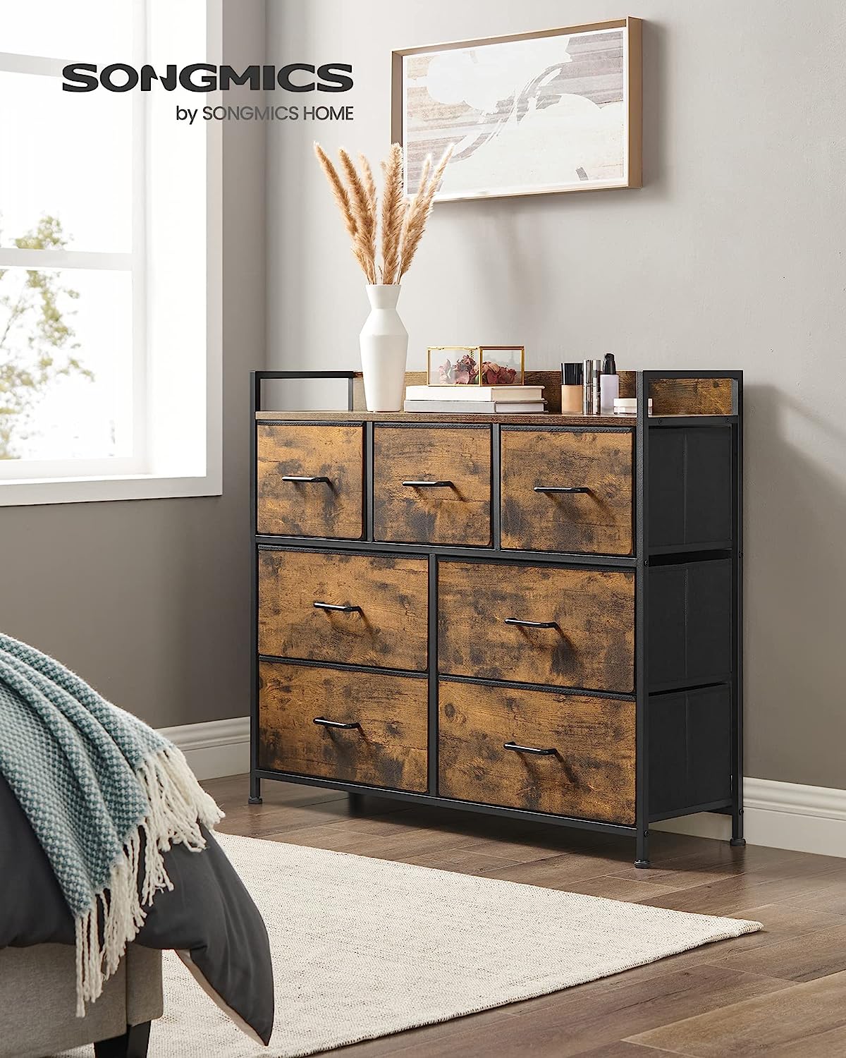 SONGMICS Dresser for Bedroom Chest of Drawers Rustic Brown and Black StorageNook