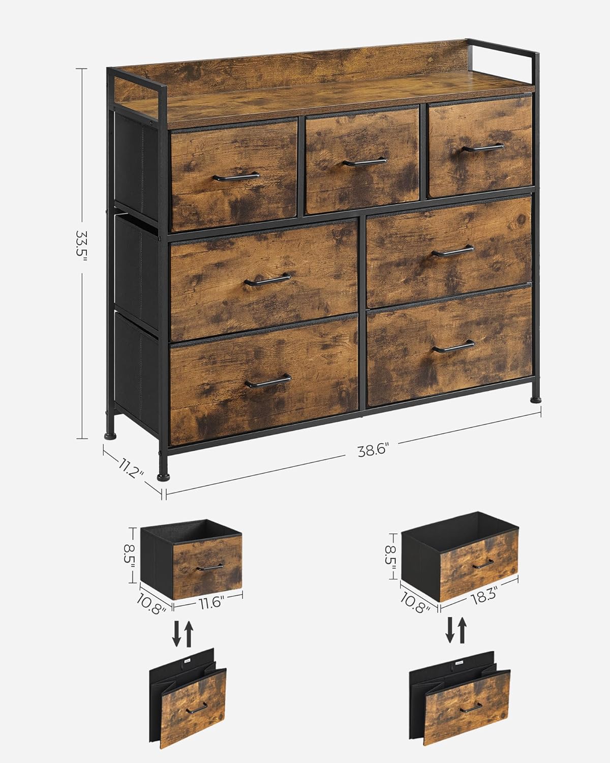 SONGMICS Dresser for Bedroom Chest of Drawers Rustic Brown and Black StorageNook