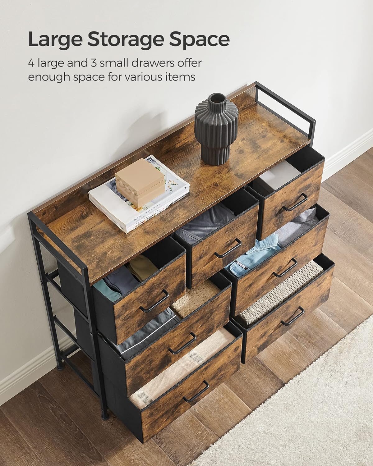 SONGMICS Dresser for Bedroom Chest of Drawers Rustic Brown and Black StorageNook