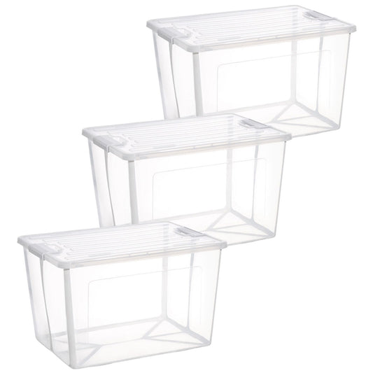 Foldable Storage Box with Lid 3x 37 Litre Modular Clear  Plastic Tub Collapsible