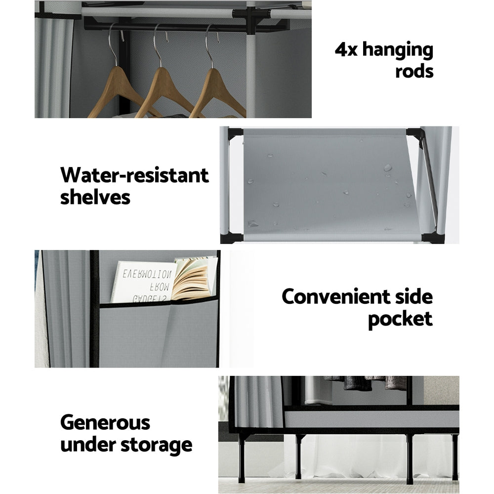 Portable Wardrobe Closet Storage Large with Shelf - Grey