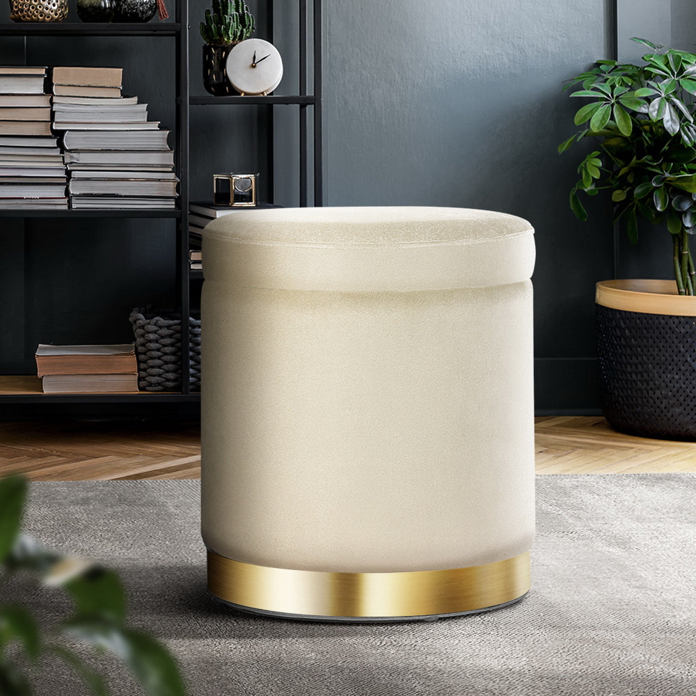 Round Ottoman Storage Velvet - Cream