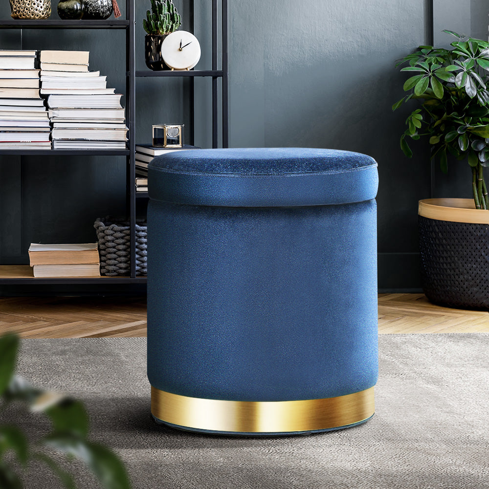 Round Ottoman Storage Velvet - Navy Storage Nook