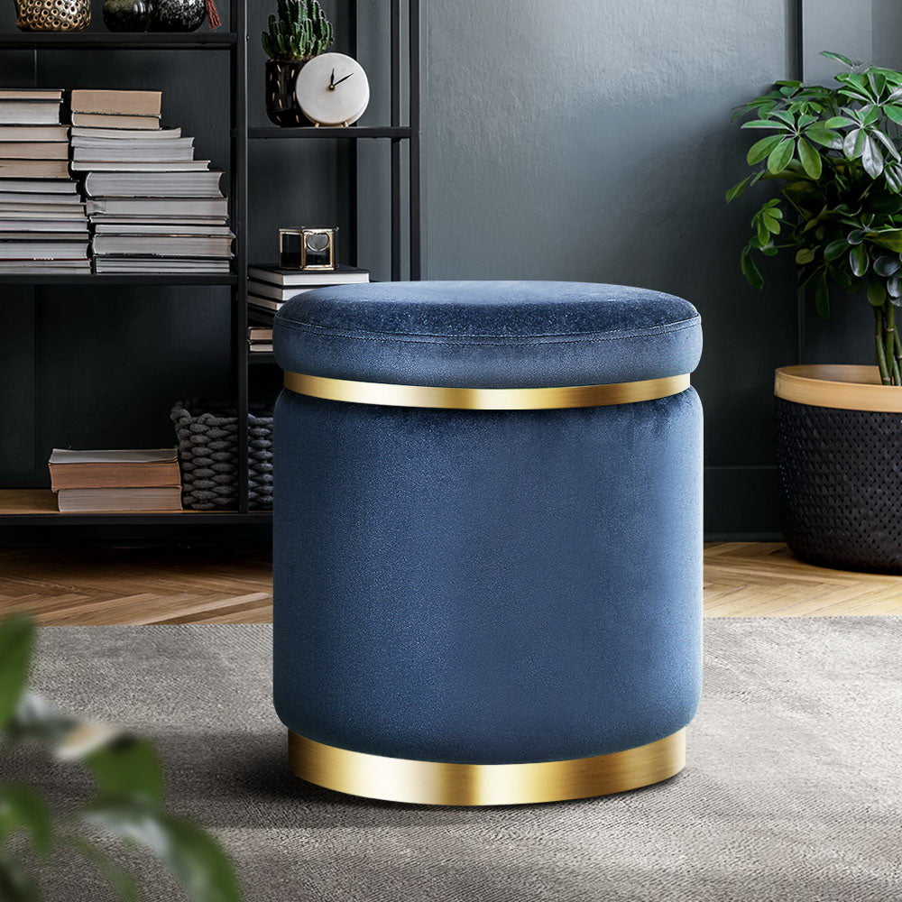 Foot Stool Round Velvet Ottoman  Navy STorage Nook