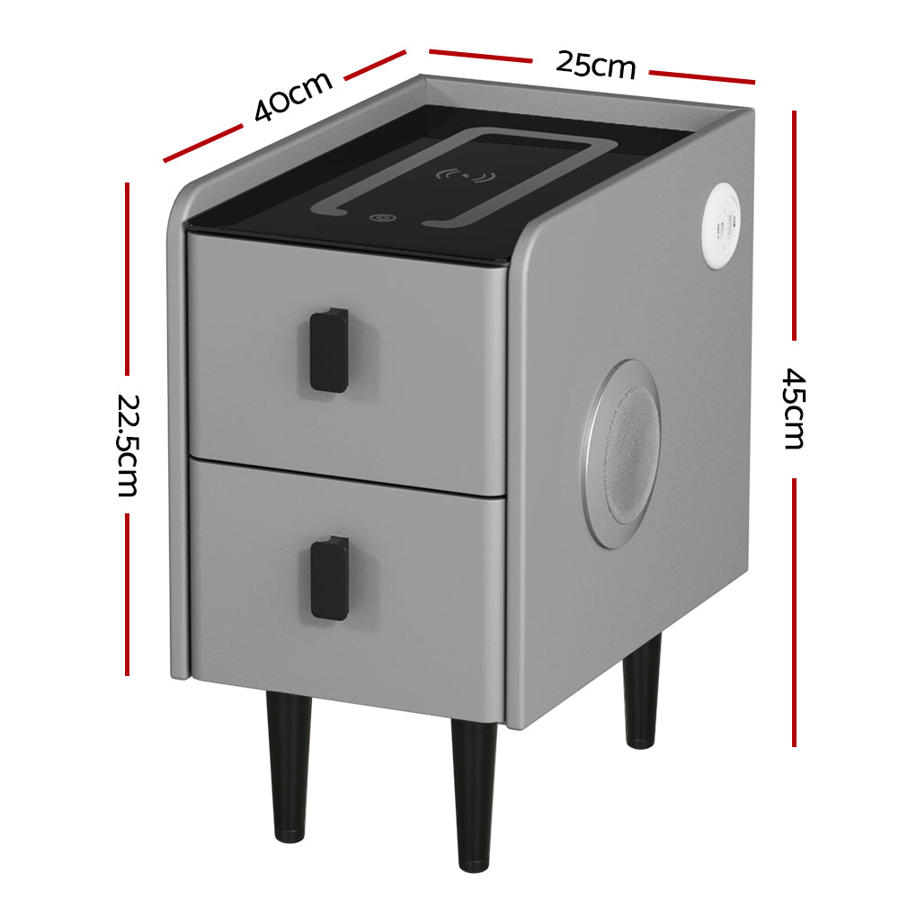 Smart Bedside Table 2 Drawers with Wireless Charging Ports LED Grey