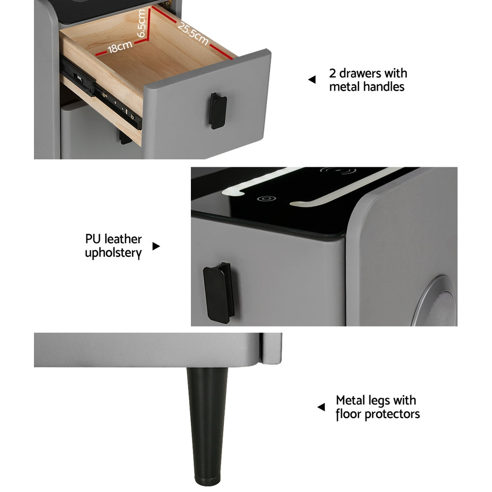 Smart Bedside Table 2 Drawers with Wireless Charging Ports LED Grey