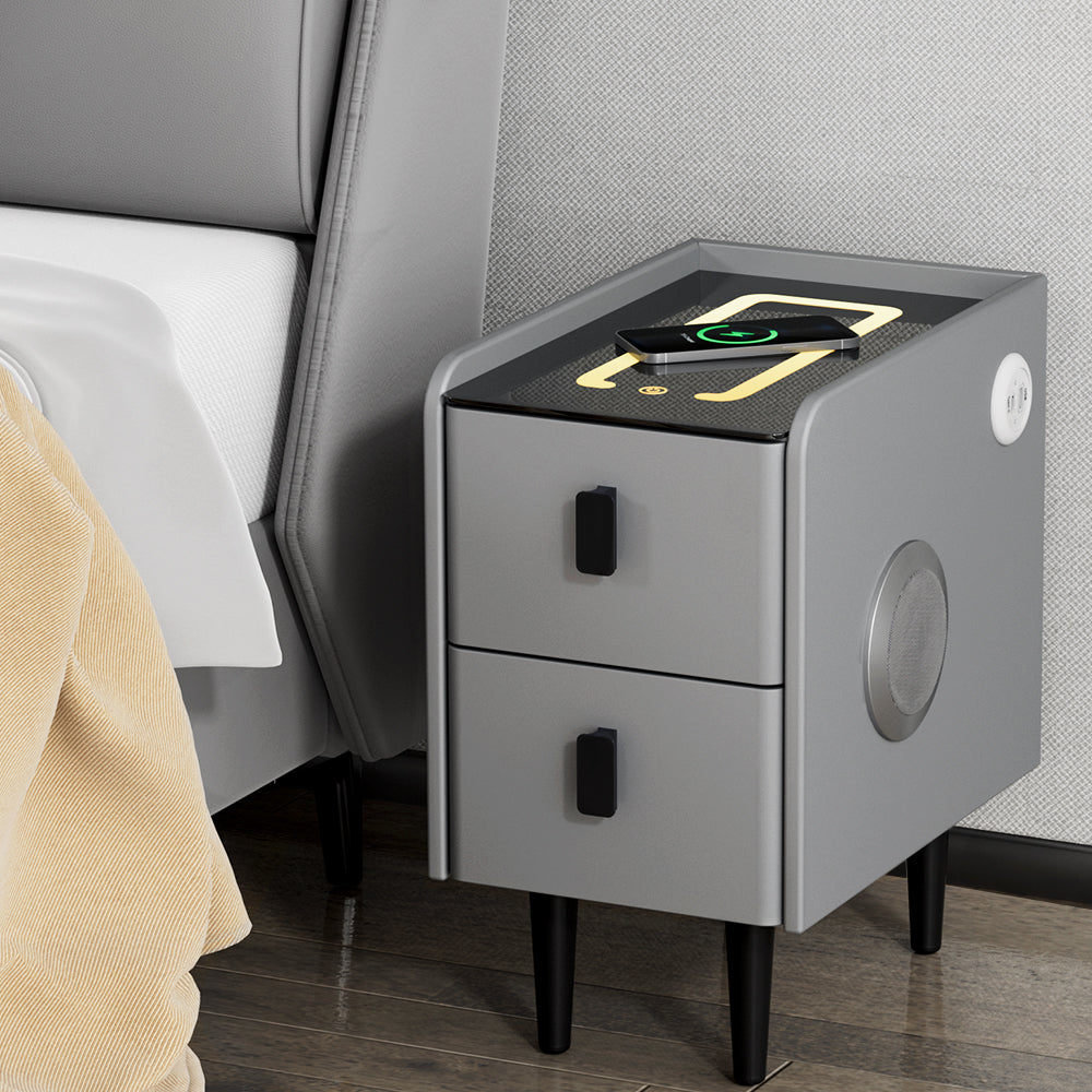 Smart Bedside Table 2 Drawers with Wireless Charging Ports LED Grey