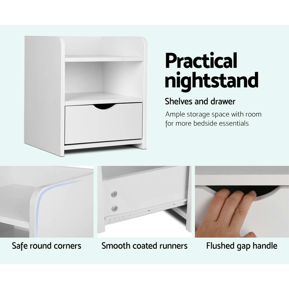 Bedside Table with Drawer - White