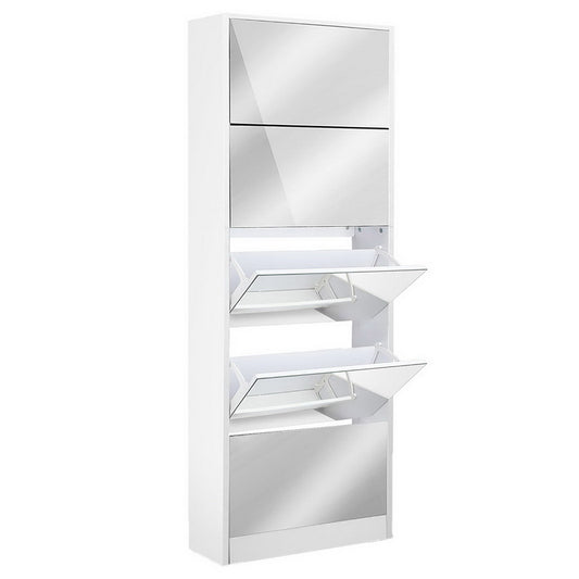 Shoe Cabinet 5 Drawer Mirrored Wooden  - White