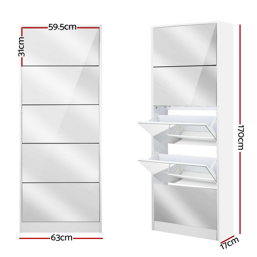 Shoe Cabinet 5 Drawer Mirrored Wooden  - White