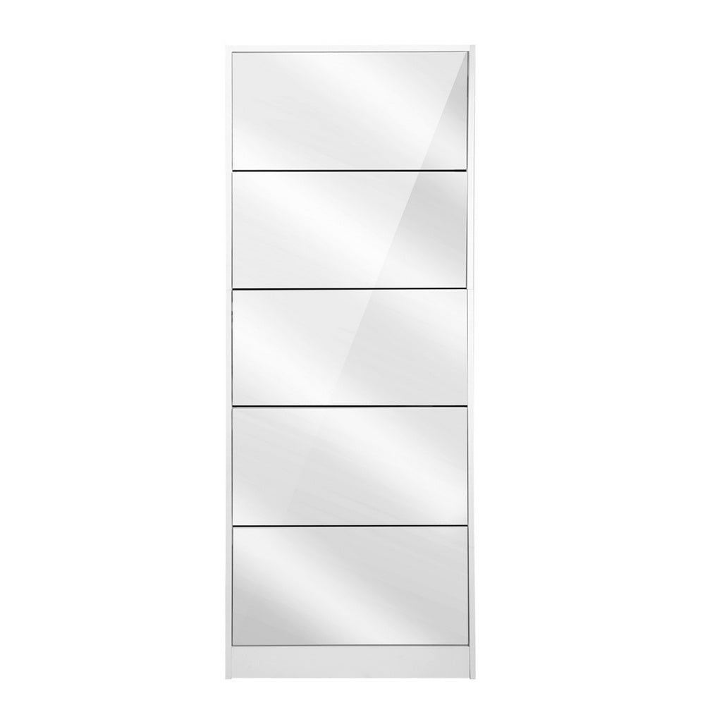 Shoe Cabinet 5 Drawer Mirrored Wooden  - White