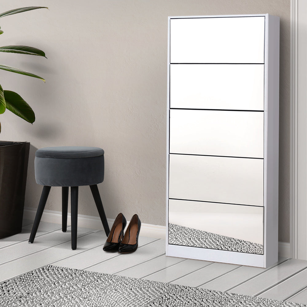 Shoe Cabinet 5 Drawer Mirrored Wooden  - White