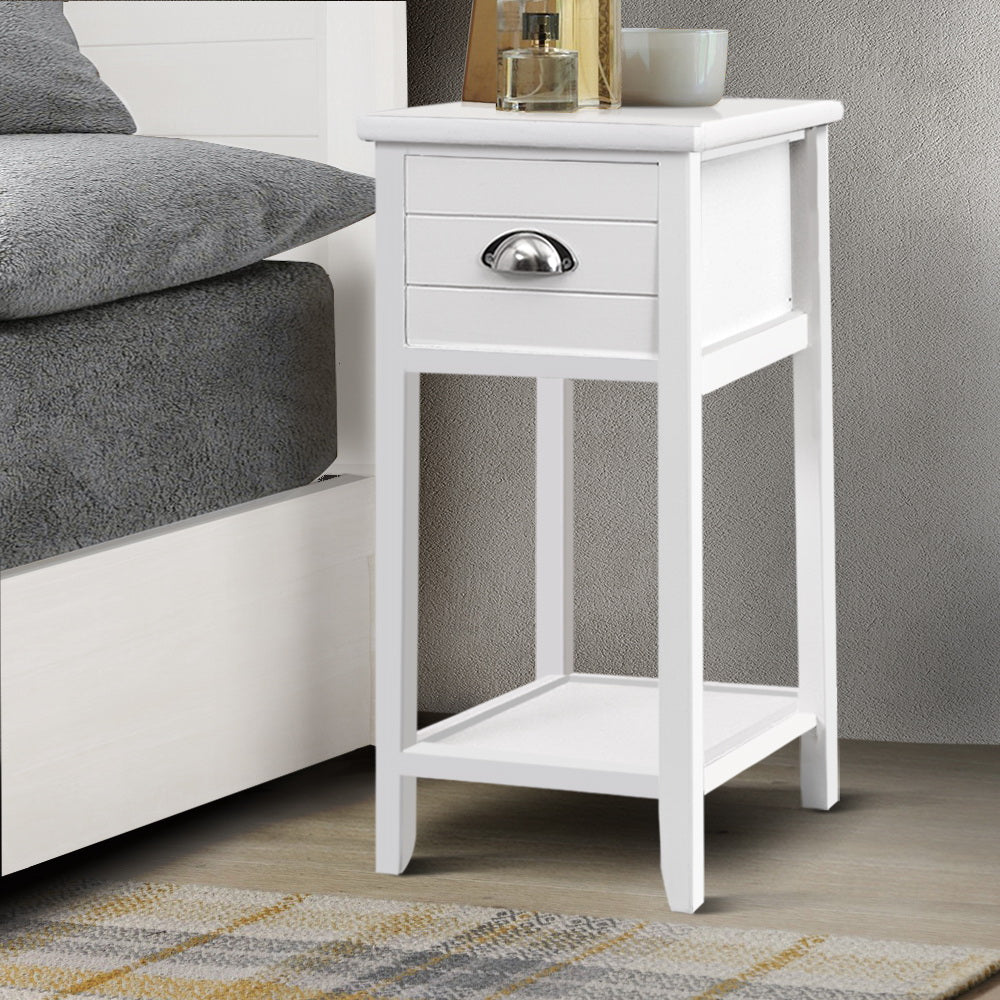 Bedside Table Nightstand with Drawer Storage Cabinet - White