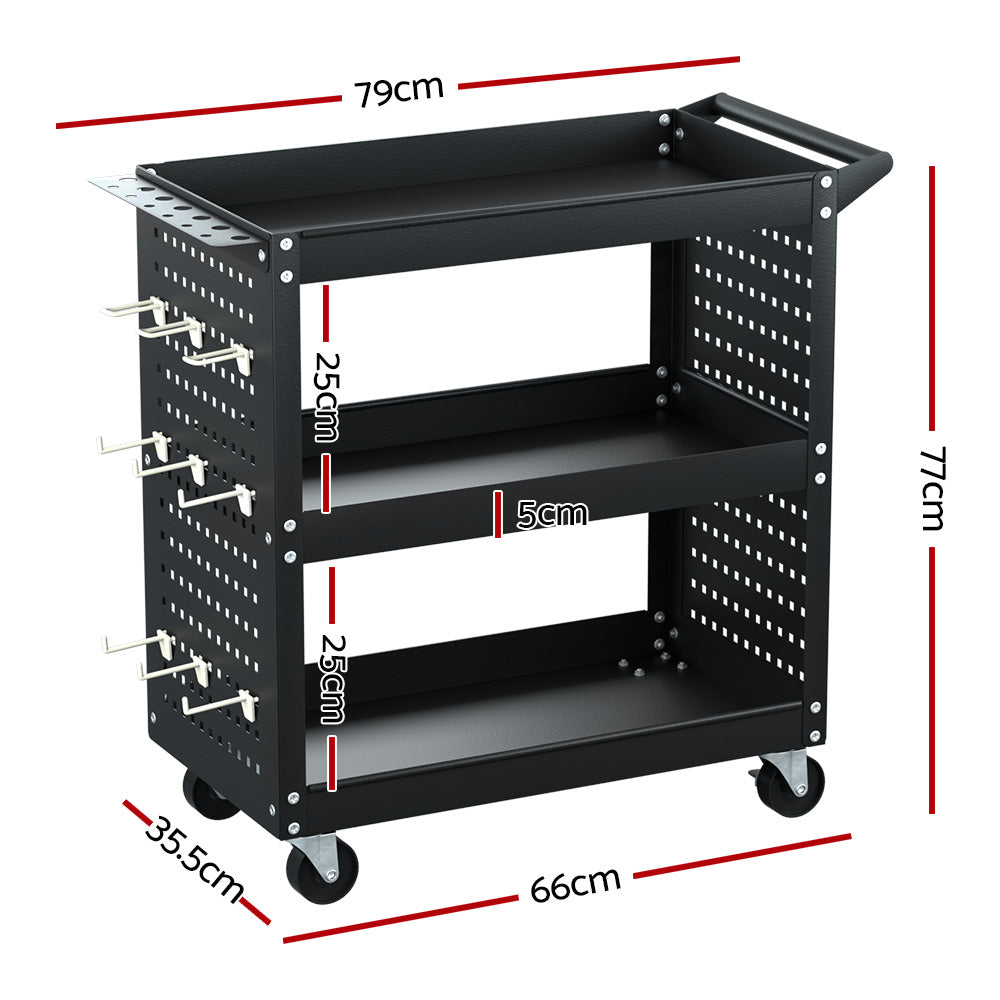 3-Tier Tool Cart Storage Trolley Toolbox Workshop Garage Organizer Black