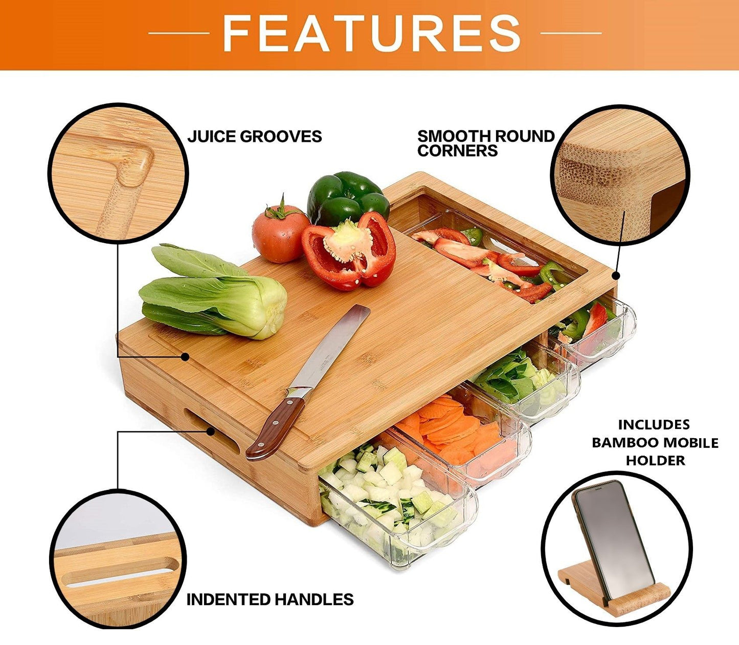 Large Bamboo Cutting Board and 4 Containers with Mobile Holder 