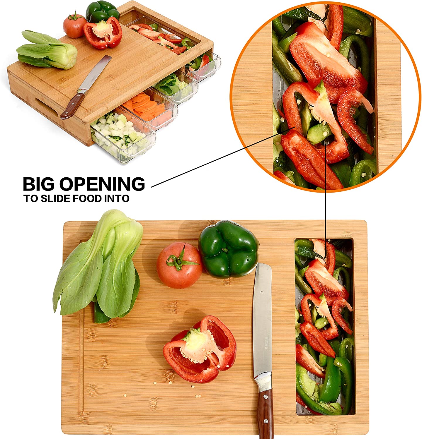 Large Bamboo Cutting Board and 4 Containers with Mobile Holder 