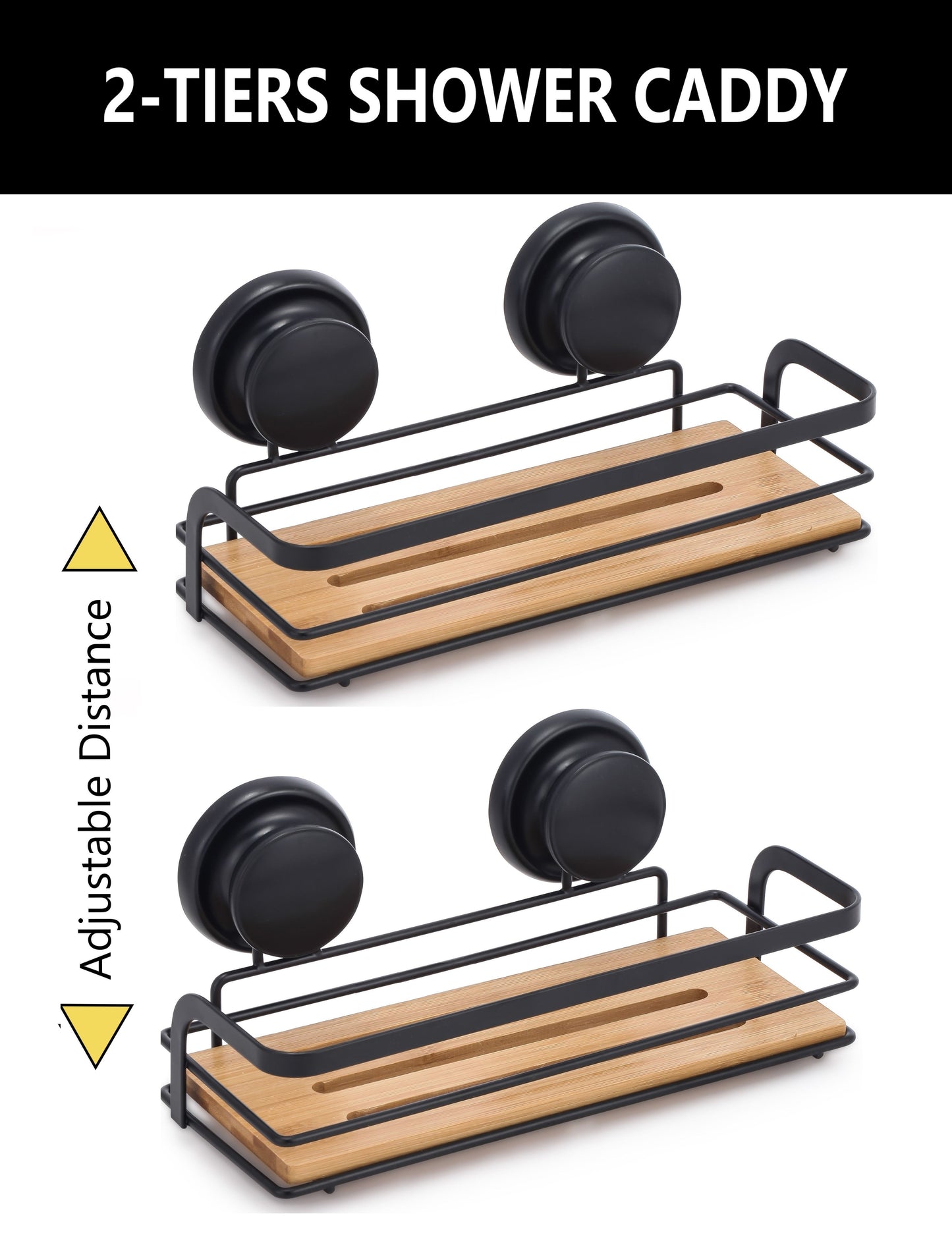 2 Pack Rectangular Bamboo Corner Shower Caddy Shelf Basket Rack with Premium Vacuum Suction Cup No-Drilling for Bathroom and Kitchen