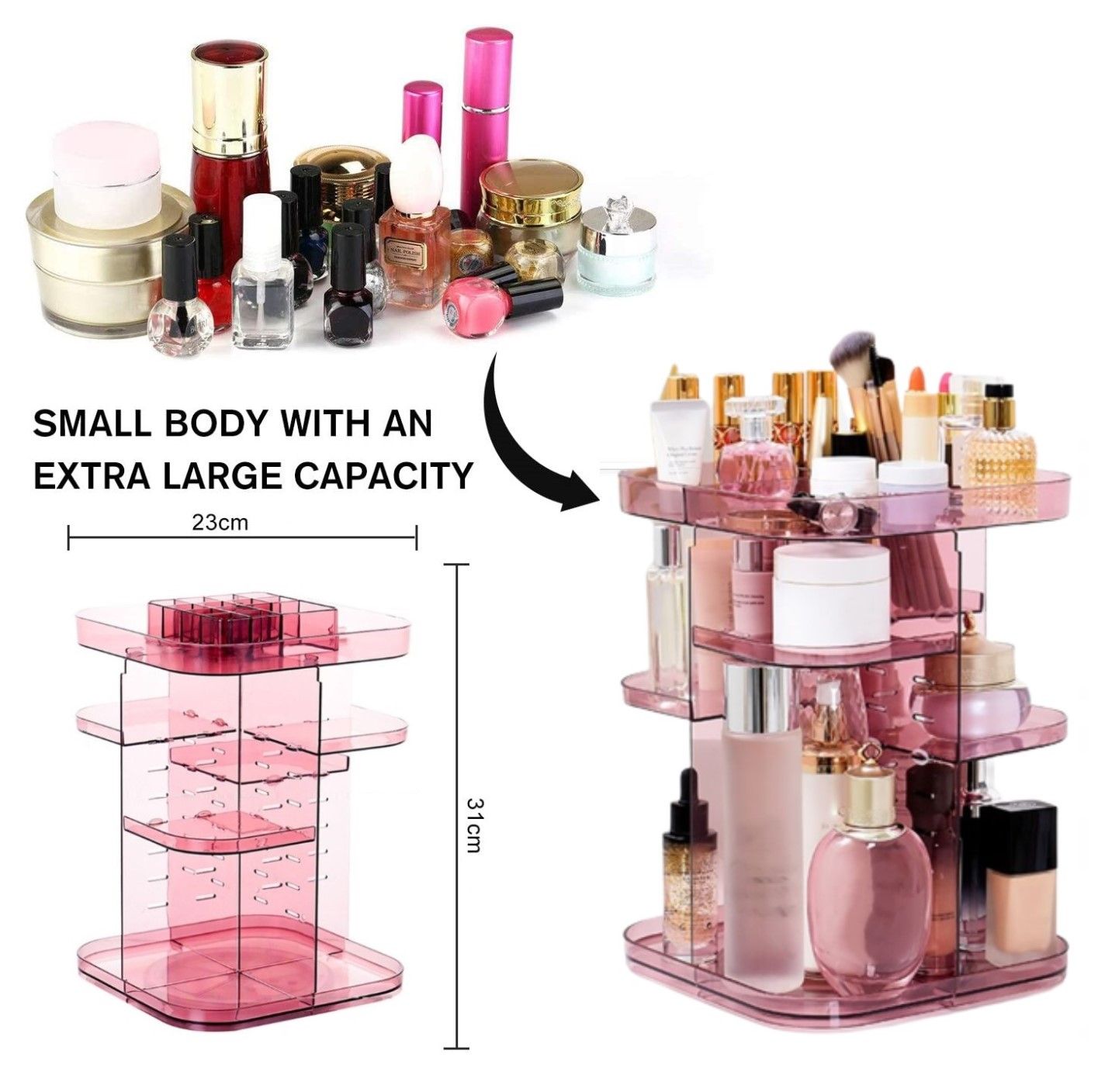 360 Rotating Large Capacity Makeup Organizer for Bedroom and Bathroom (Pink)