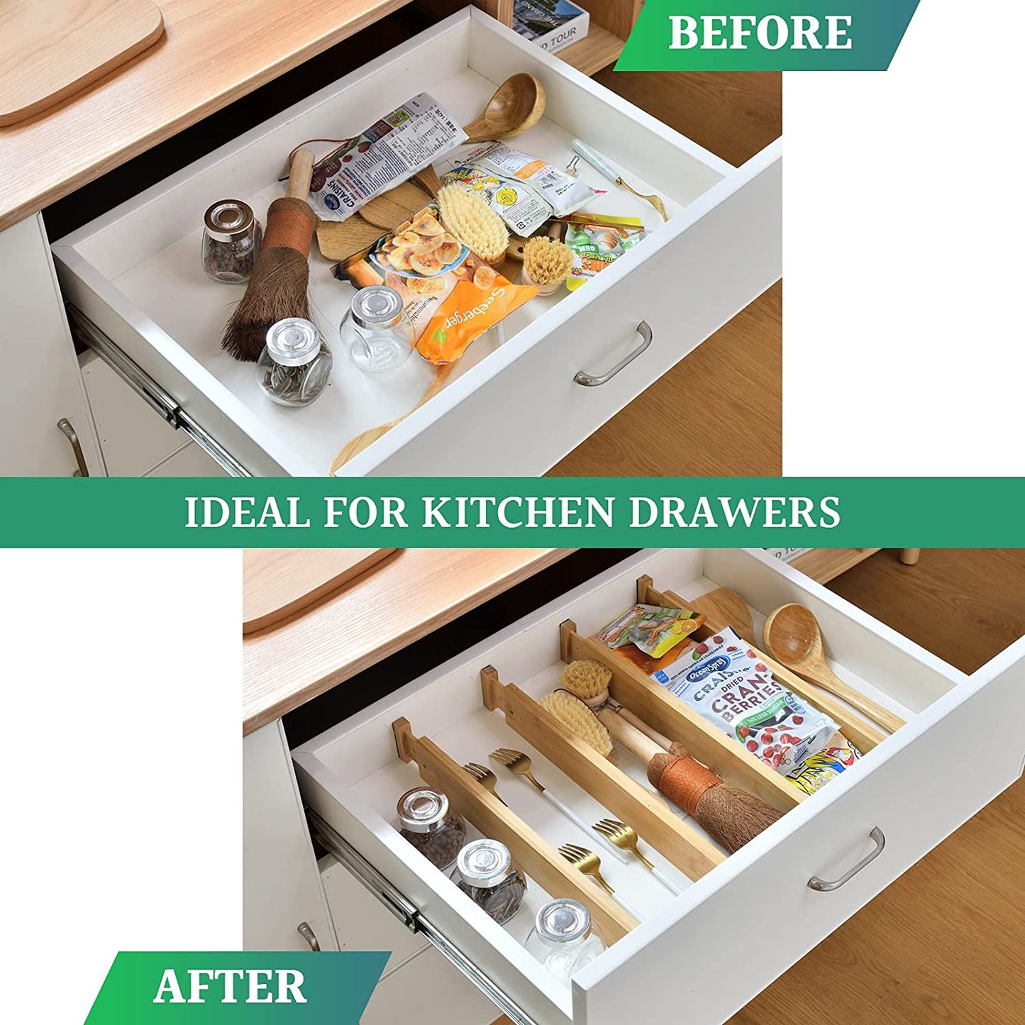 8 Pack Bamboo Adjustable Kitchen Drawer Dividers