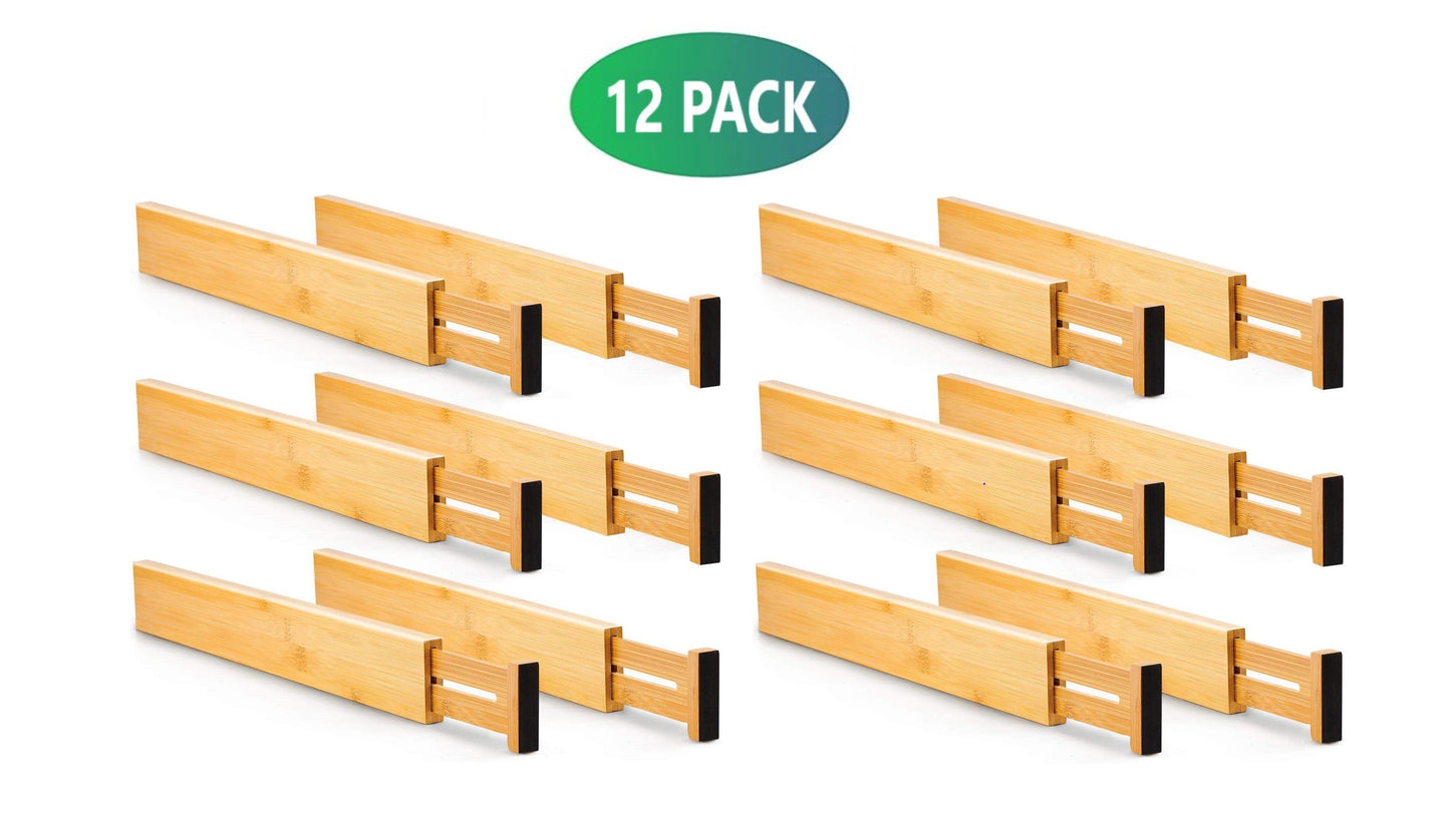 12 Pack Bamboo Adjustable Kitchen Storage Drawer Dividers (Large, 44-55 cm) storage nook