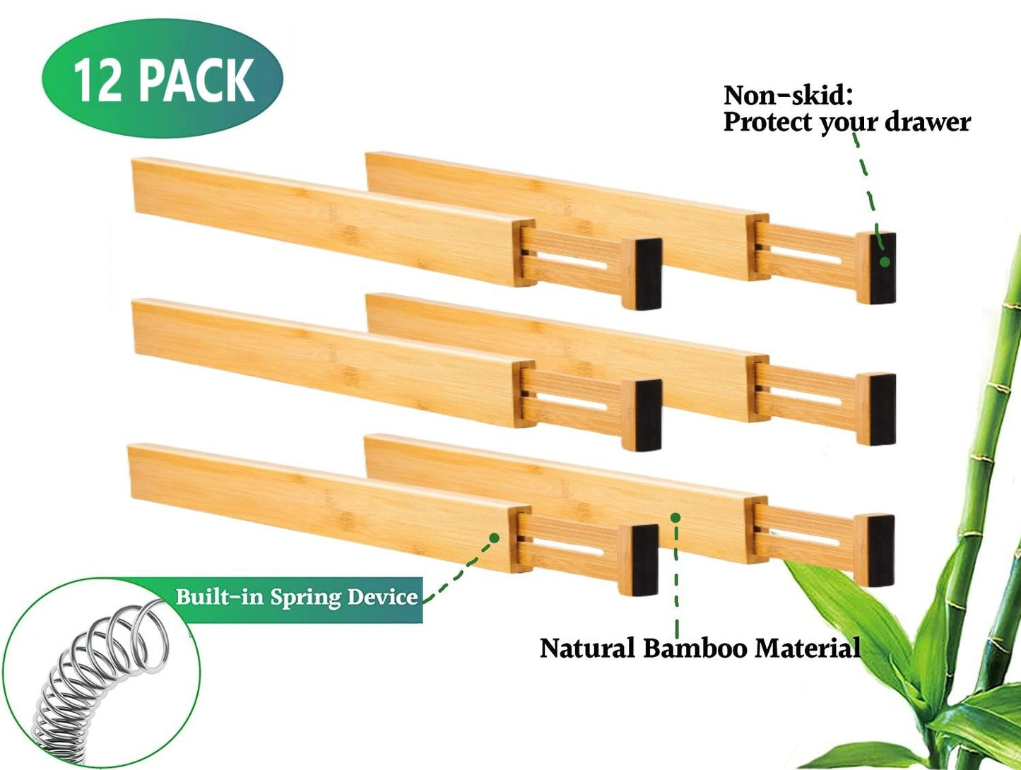 12 Pack Bamboo Adjustable Kitchen Storage Drawer Dividers (Large, 44-55 cm) storage nook