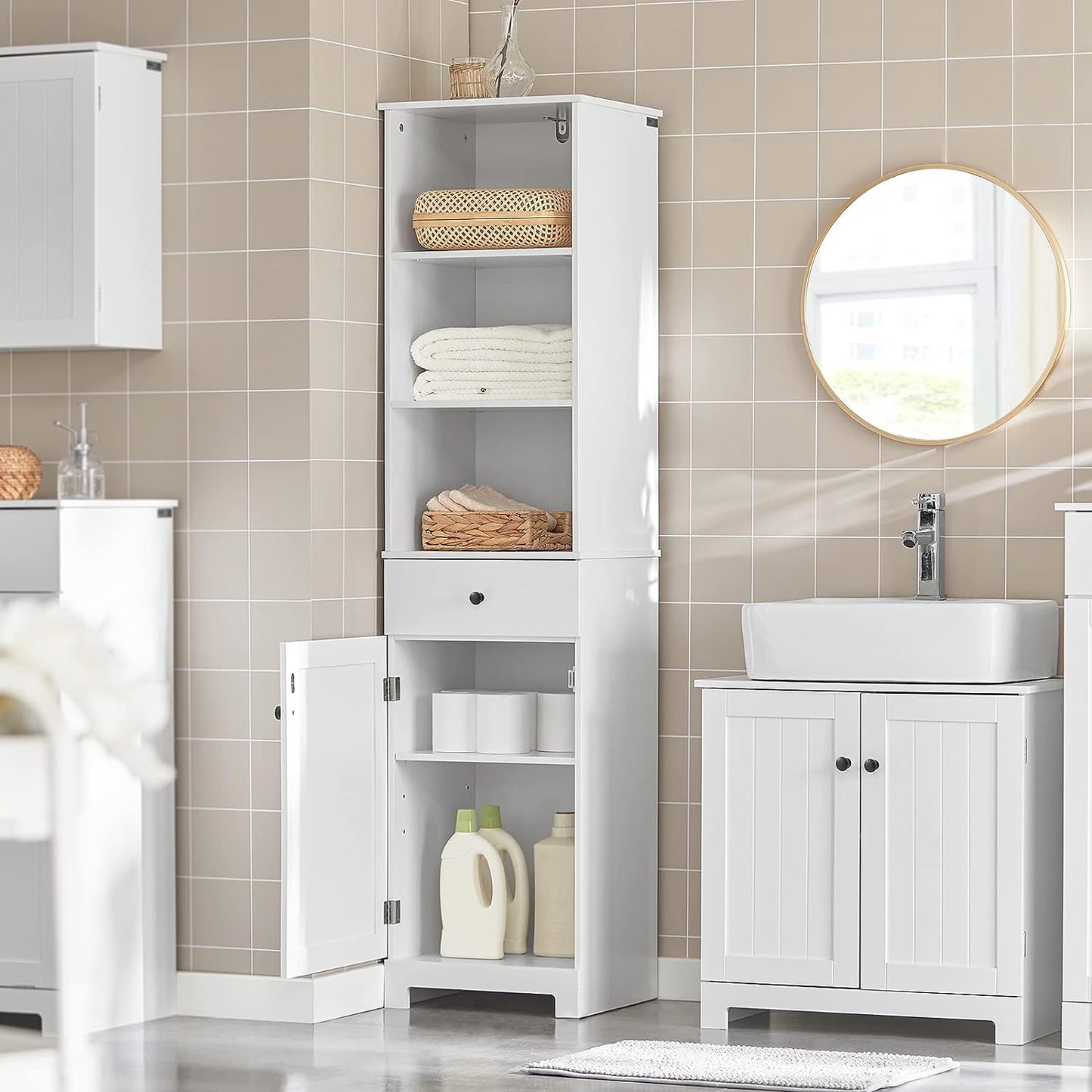 Tall Bathroom Storage Cabinet 3 Shelves, White bathroom storage