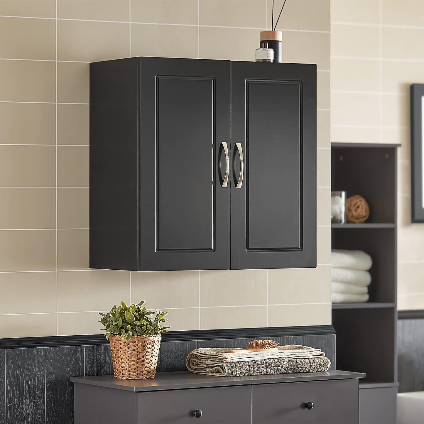 Wall Storage Cabinet Double Doors, Black Bathroom storage , storage nook