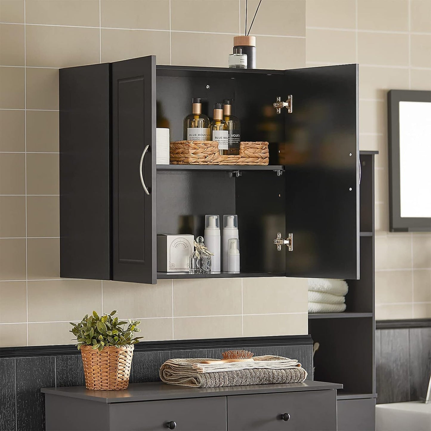 Wall Storage Cabinet Double Doors, Black Bathroom storage , storage nook