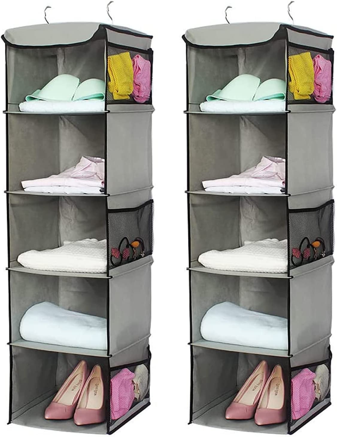 2 Pack 5 Foldable Shelf Hanging Closet Organizer Space Saver with Side Accessories Pockets for Clothes Storage