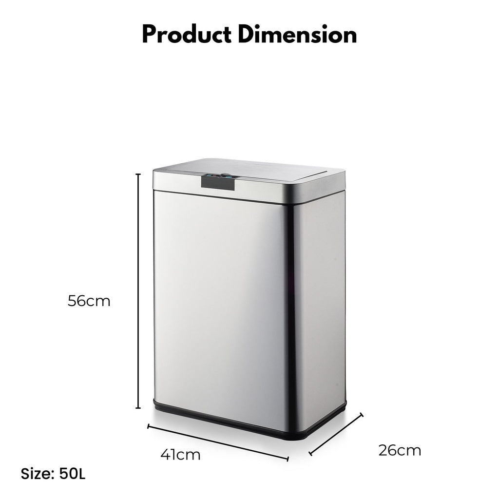 Sensor Rubbish Bin 50L Wide Silver Square