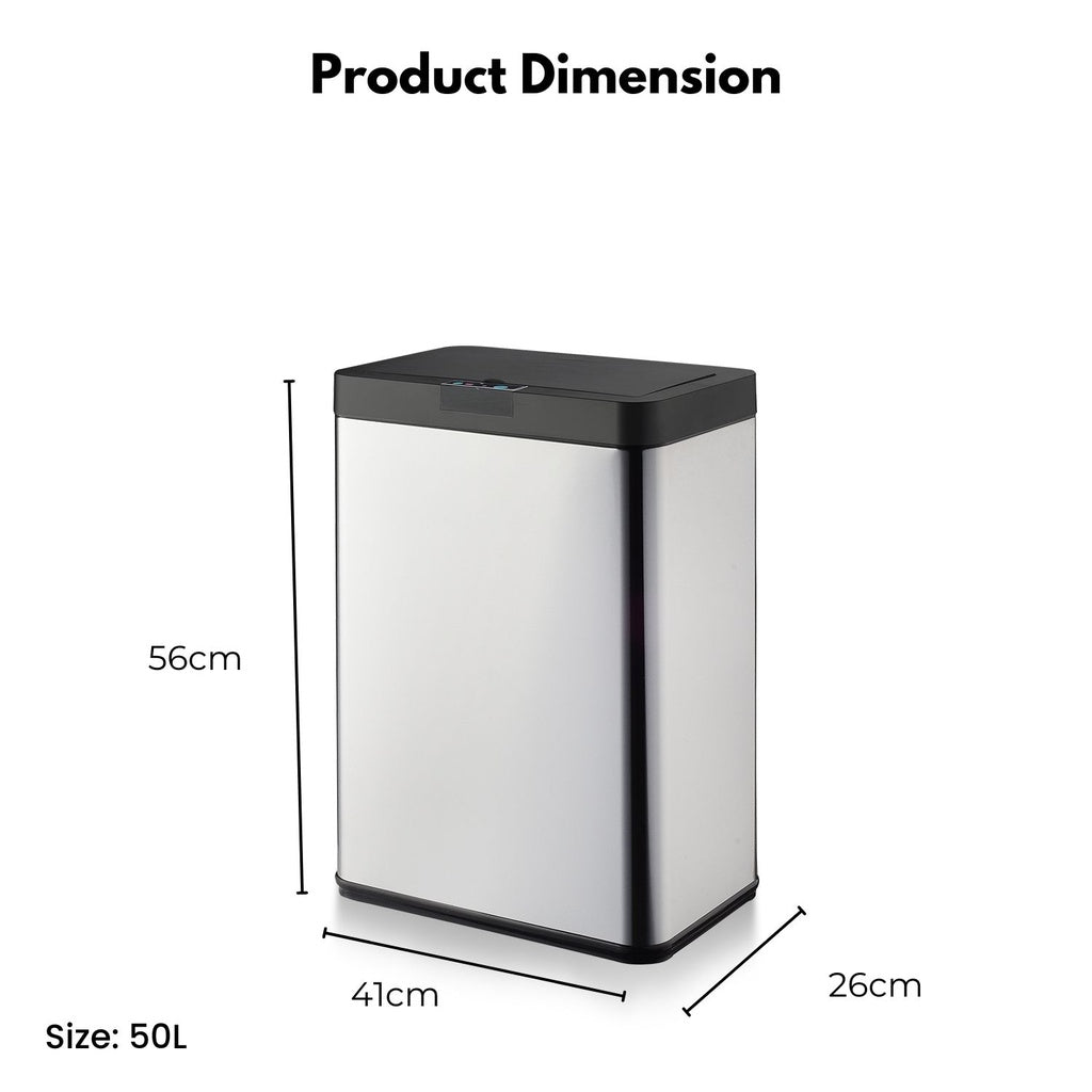 Sensor Rubbish Bin 50L Wide Black Square