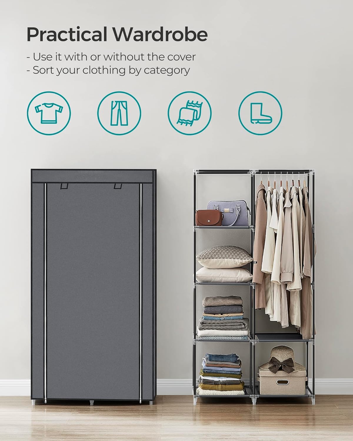 Portable Clothes Storage with 6 Shelves and 1 Clothes Hanging Rail Grey