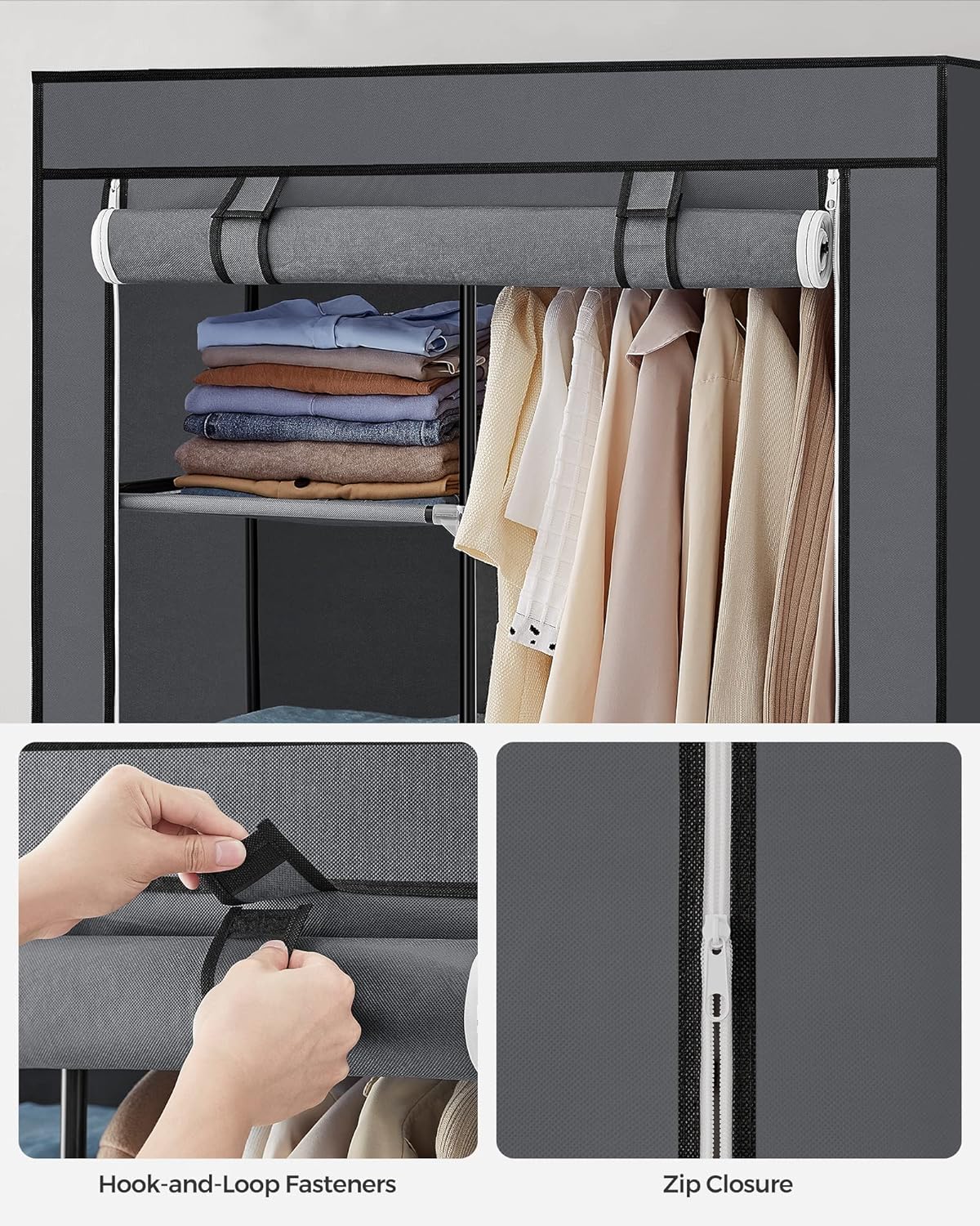 Portable Clothes Storage with 6 Shelves and 1 Clothes Hanging Rail Grey