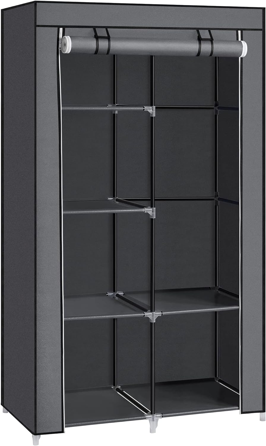 Portable Clothes Storage with 6 Shelves and 1 Clothes Hanging Rail Grey