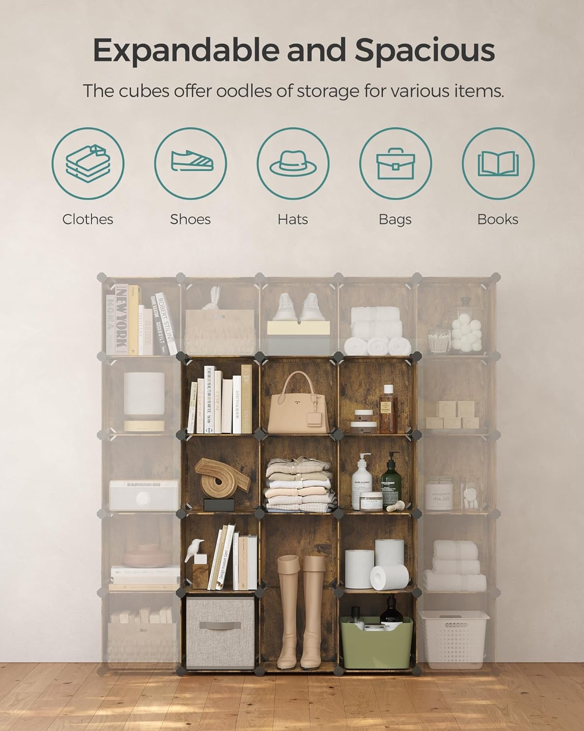 Set of 16 Plastic Cube Storage Organizer Rustic Brown