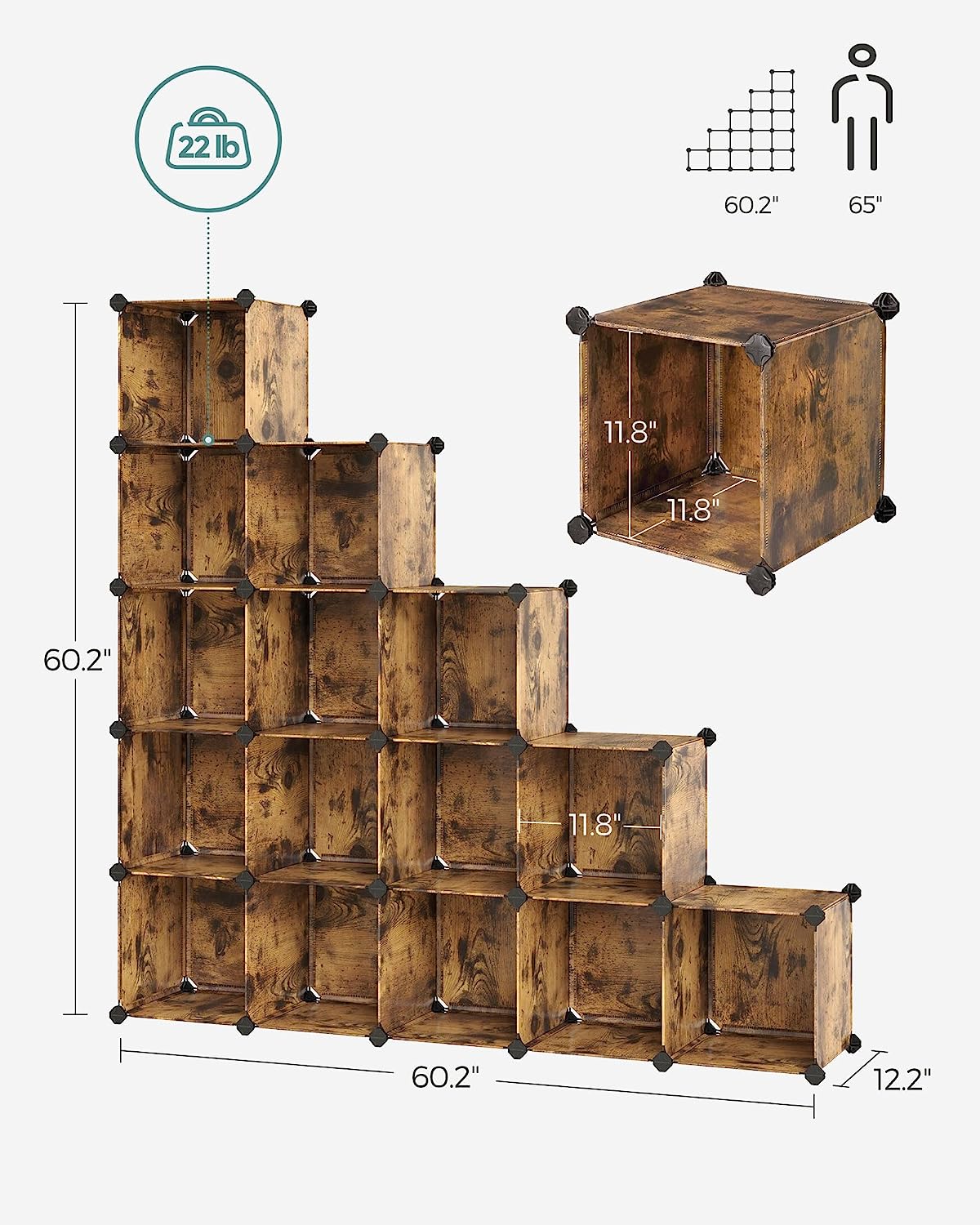 Set of 16 Plastic Cube Storage Organizer Rustic Brown