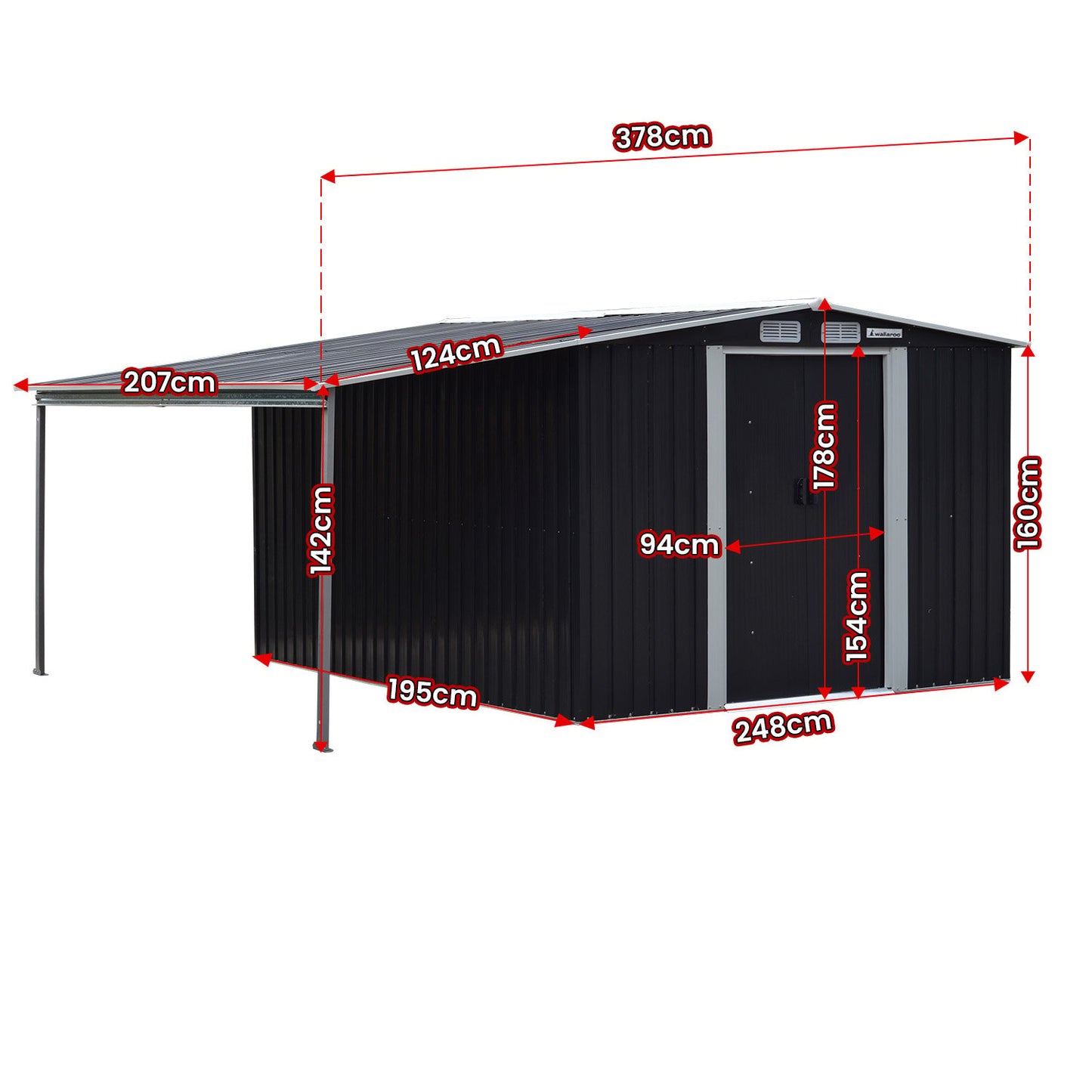 Garden Shed with Open Storage 6x8ft Zinc Steel - Black