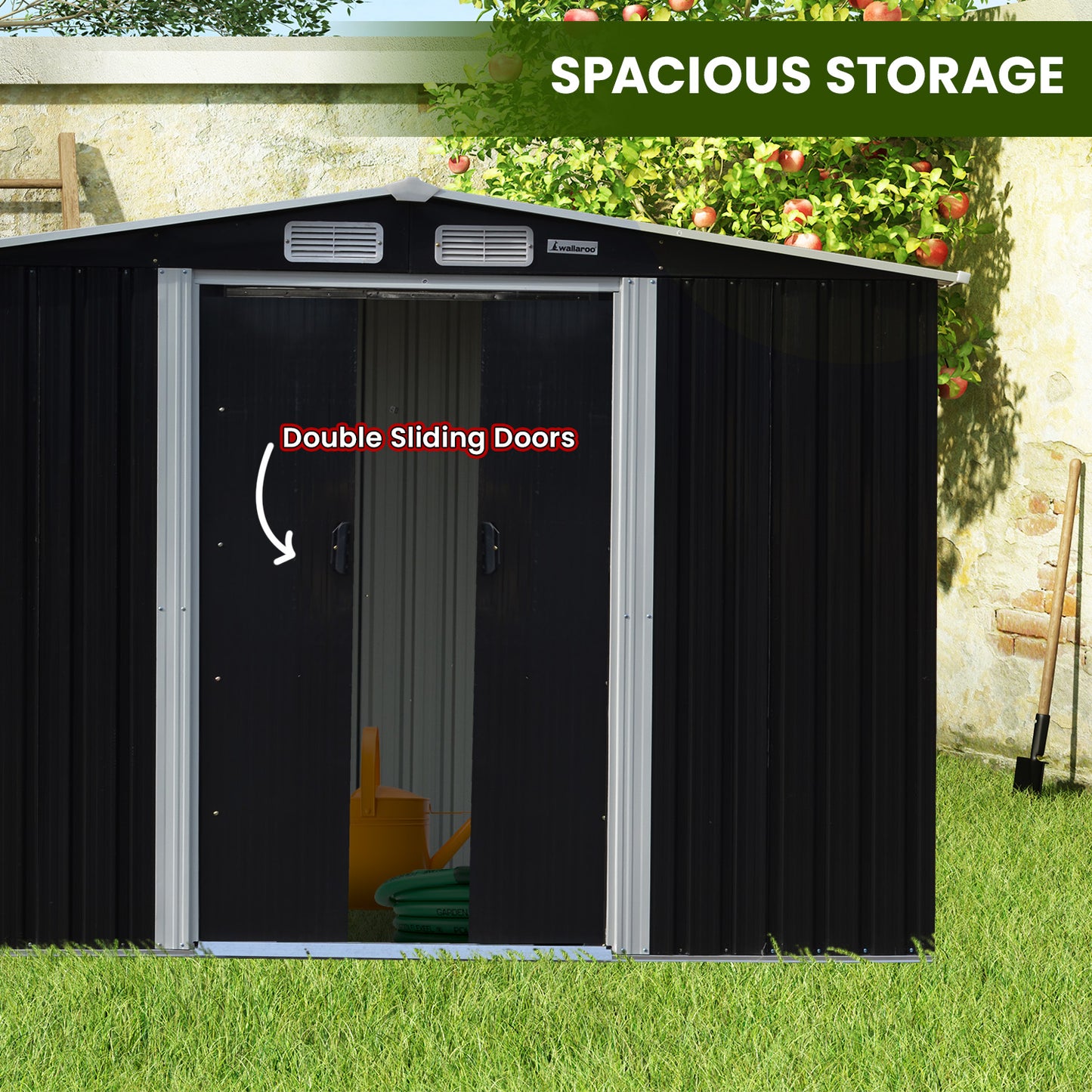 Garden Shed with Open Storage 6x8ft Zinc Steel - Black